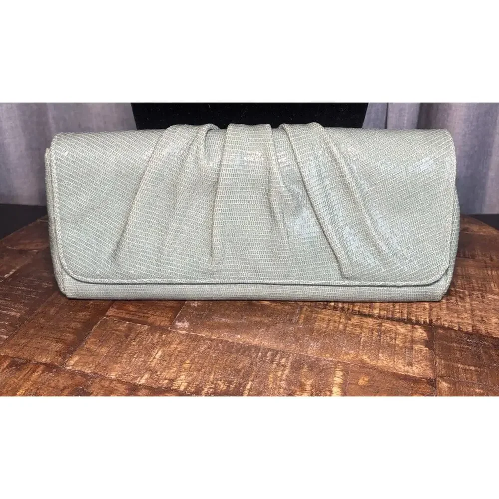 Lauren Merkin Large Caroline Lizard Pleated Leather Clutch Envelope Bag Green